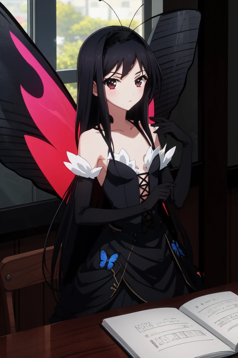 masterpiece, best quality, absurdres, Kuroyukihime-Accel <lora:Kuroyukihime:0.8>, antenna hair, (hairband, butterfly wings:1.2), elbow gloves, gloves, black gloves, bare shoulders, dress, nice hands, perfect hands, beaufitul hand, beautiful finger, BREAK School, classroom, school chair, school desk, tele shot, (perfect anatomy), cowboy shot, [Cinematic lighting|Volumetric Lighting], looking at viewer