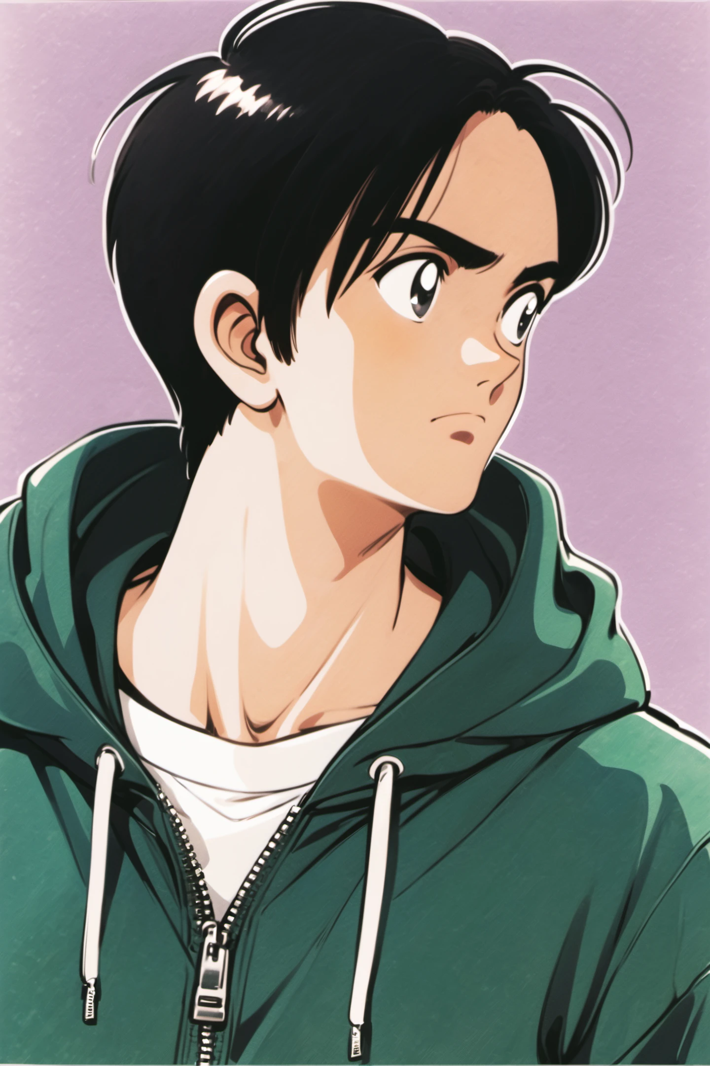 male focus, solo, 1boy, black hair, hood, upper body, simple background, white background, hood down, hoodie, black eyes, closed mouth, looking away, looking to the side, zipper, green jacket, jacket, shirt, white shirt, hooded jacket, frown, retro artstyle, green hoodie, <lora:Adachi_XL:0.8>