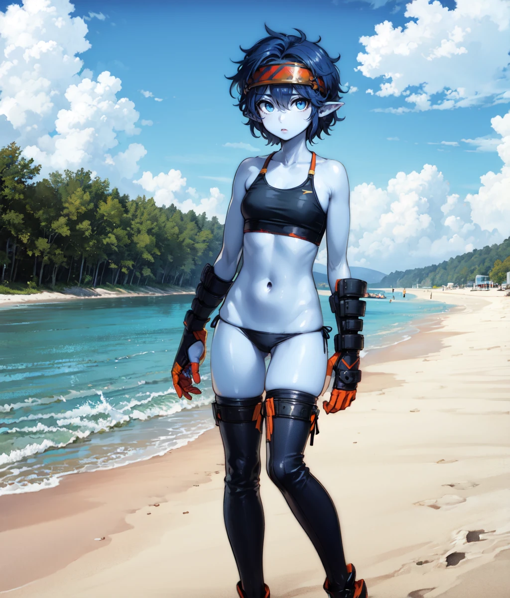 masterpiece, 1 girl, solo,  short hair, blue eyes, long sidebangs, pointy ears, headband, diving googles on head, black tank top, medium breasts, side laced panties, gauntlets, blue skin, colored skin, standing, outdoors, beach, full body <lora:Juno SN:0.8>