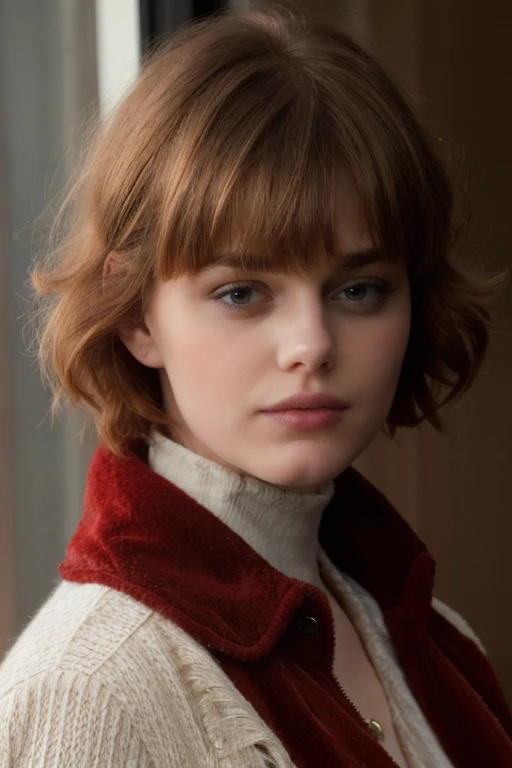 4my4, from front, lips apart, looking at viewer, short hair, simple background, red hair, fur-lined jacket, dress, messy hair, bangs, <lora:4my4-08_0.0565:1.0>, epiCPhoto