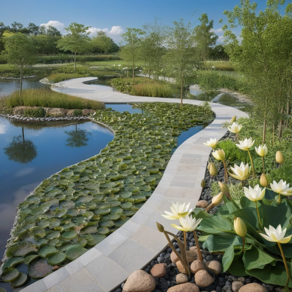 <lora:JJsEcology_Park_XL:1>, ((Ecology Park)),masterpiece , best quality, paving, walkway, paving, tree, grass,bush, rock,river,river bed, water, flower, lamp post, water lily,  reflection, blue sky, cloud,