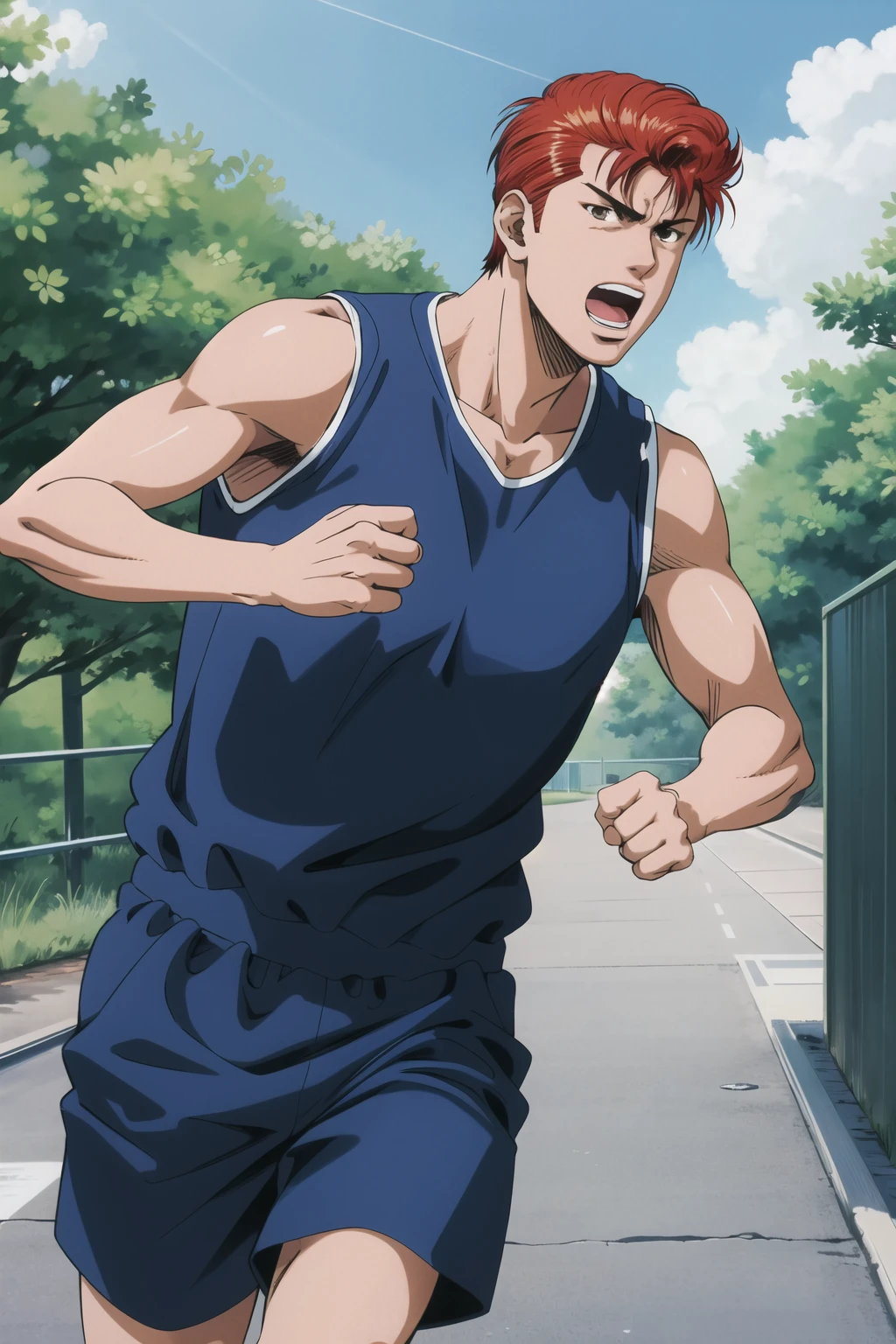 masterpiece,best quality,highres,<lora:Sakuragi Hanamichi1:0.6>,Sakuragi Hanamichi1,Vest,shorts,open mouth,1boy,solo,cowboy shot,red hair,short hair,looking at viewer,running,outdoors,