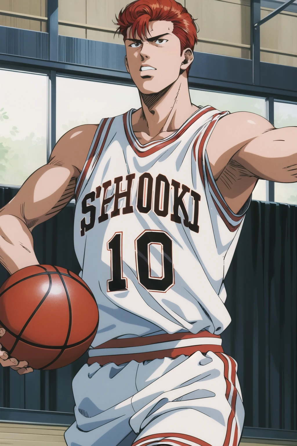 masterpiece,best quality,highres,<lora:Sakuragi Hanamichi1:0.6>,Sakuragi Hanamichi1,1boy,solo,red hair,white basketball uniform,cowboy shot,basketball court,indoors,dynamic pose,