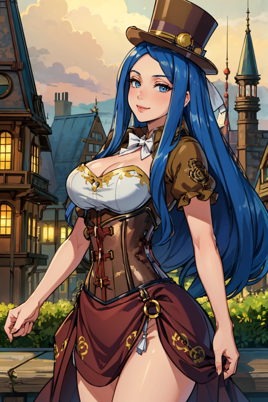(masterpiece, best quality:1.2), 1girl, cowboy shot, solo, looking at viewer, smile, <lora:edgSteampunk:1> wearing steampunk_costume, corset, short sleeves, top hat, <lora:LumeraFE-bsinky-v2:0.6> lumeraFE, long hair, large breasts, steampunk buildings