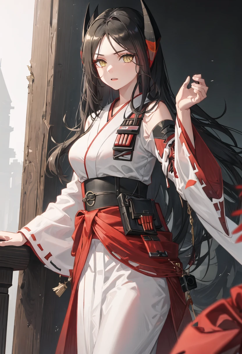 best quality, masterpiece, highres, solo, {ines_arknights:0.90}, {white kimono:1.35}, {red hakama:1.35}, {wide sleeves:1.20}