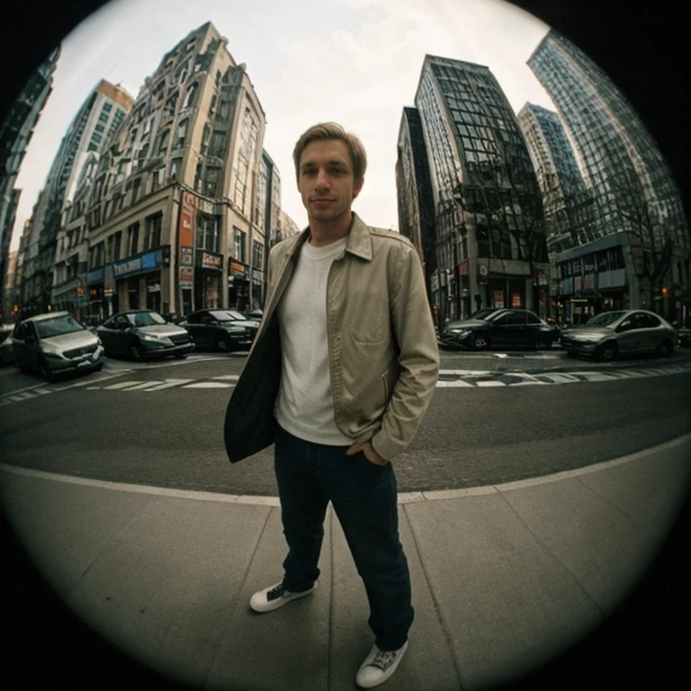 <lora:Fisheye-8mmlensv2:0.45>, fisheye-8mmlens-v2exp, man in city, night, night time, low light, traffic in new york, epiCPhoto, ((kodak gold 200, vintage, film grain))
