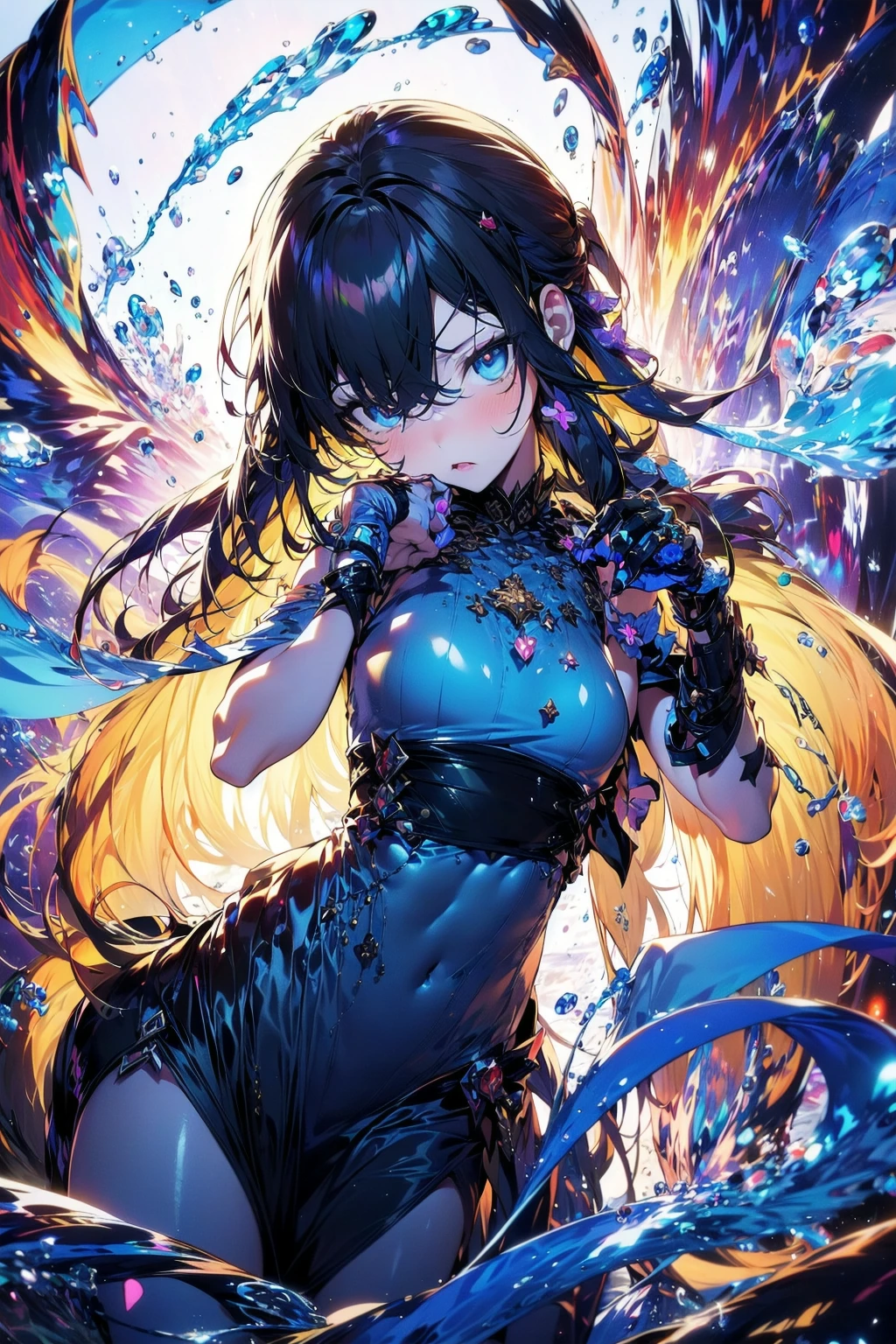 Highest quality Highest quality Draw a face carefully High-definition anime-style face Super Glowing Skin Long black hair Blue Skin Brown leotard Golden pantyhose Succubus lure smile