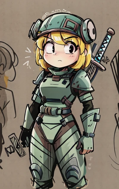 [masterpiece, colorful], 1girl, colorful, solo, black eyes, standing, warrior, sword, helmet, <lora:PEARå¥-07:1>, PEARå¥, thick outlines,