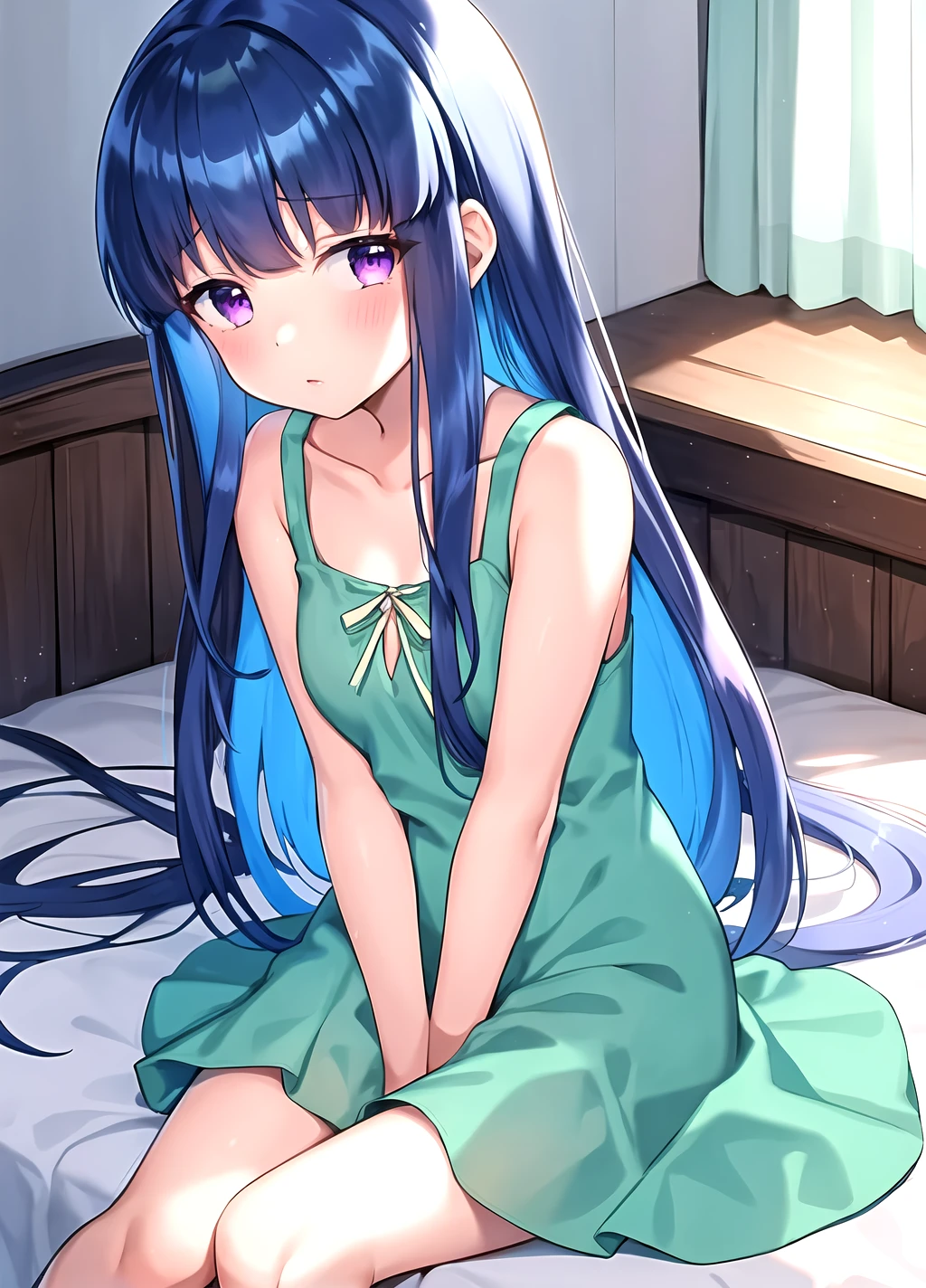 masterpiece, best quality,  <lora:Rika Furude anylora-000006:0.7>, 1girl, solo, furude rika, blue hair, long hair, looking at viewer, blush, bangs,  small breasts, purple eyes, long hair,,  tight clothing,  dress,  sundress, green dress, sleeveless, sleeveless dress, collarbone,  ribbon,  bare shoulders, bare arms, sitting on the bed