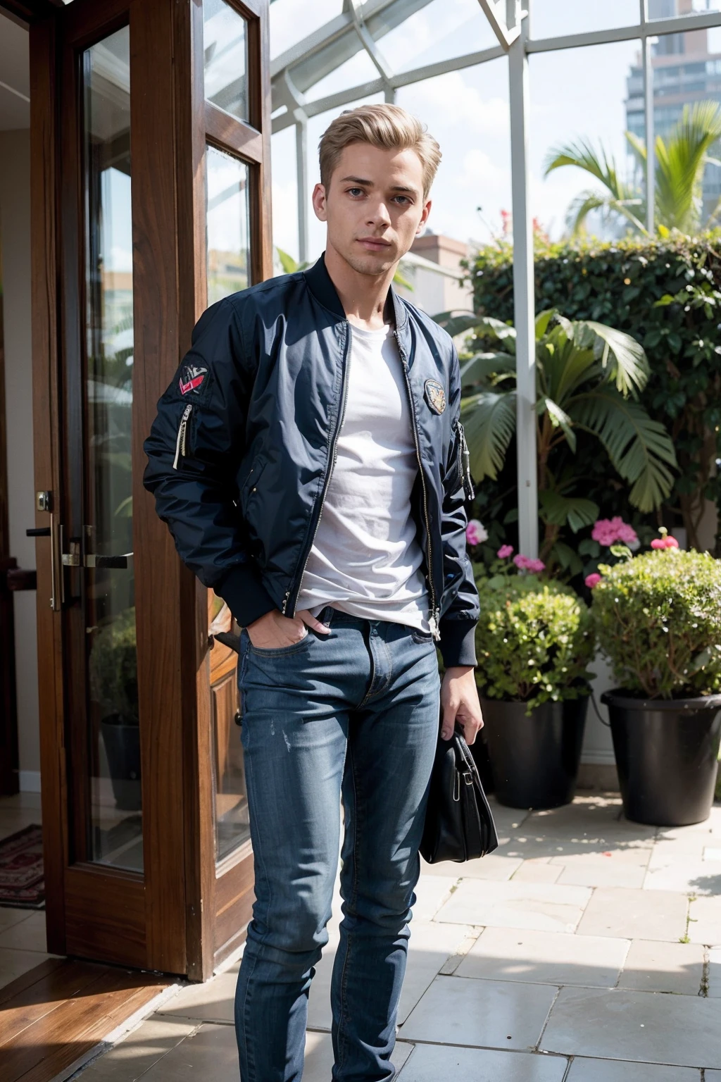 a man wearing Bomber jacket and skinny jeans , conservatory <lora:fic-Kraig2:1>
