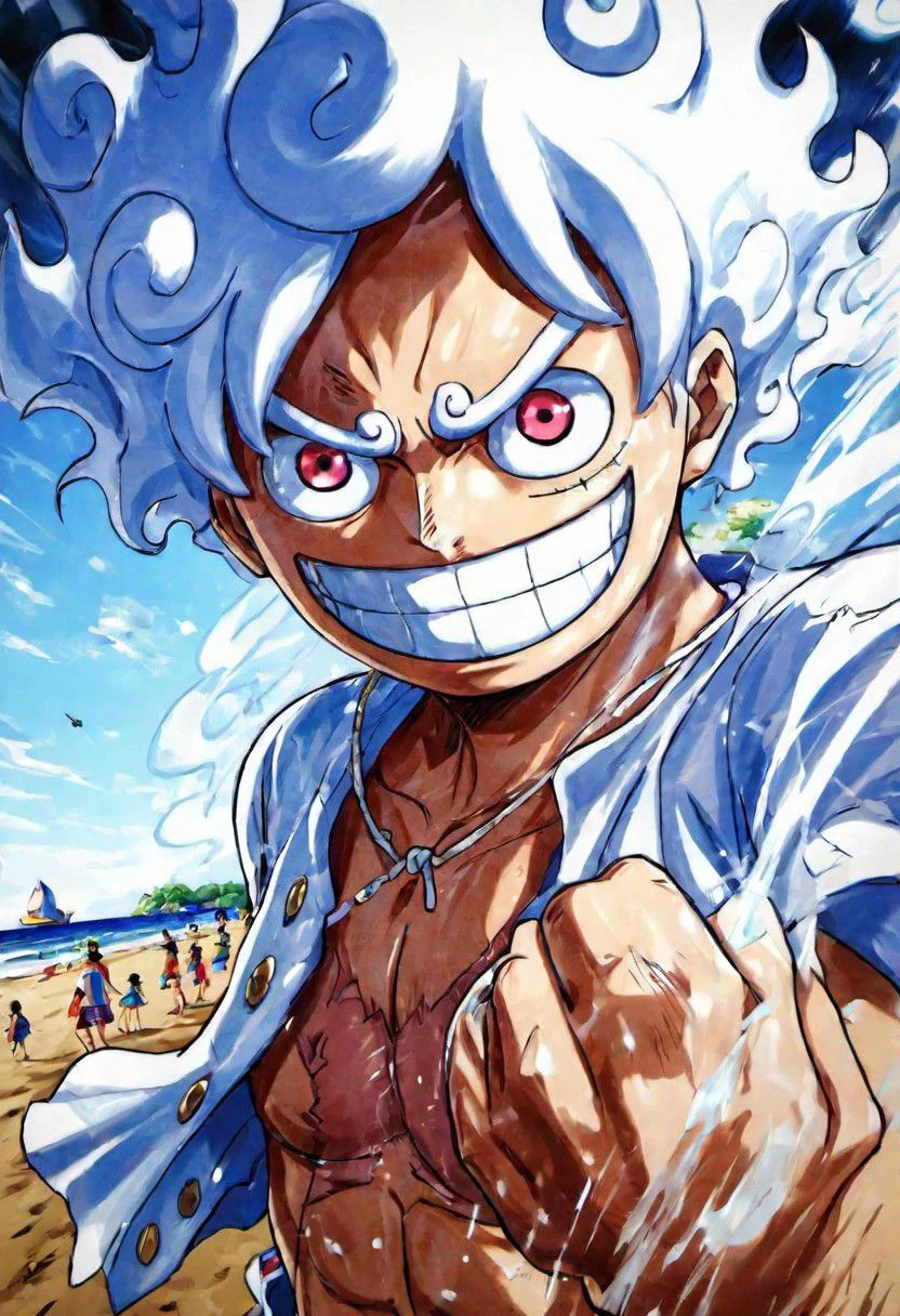 2D ( Portrait:1.1) 1Luffy in a beach, (best quality, masterpiece, detailed, highly detailed face) ,(high definition face:1.0),(detailed eyes:1.0) 8k,(Smilex2), (solo), amazing perspective, profesional composition ,