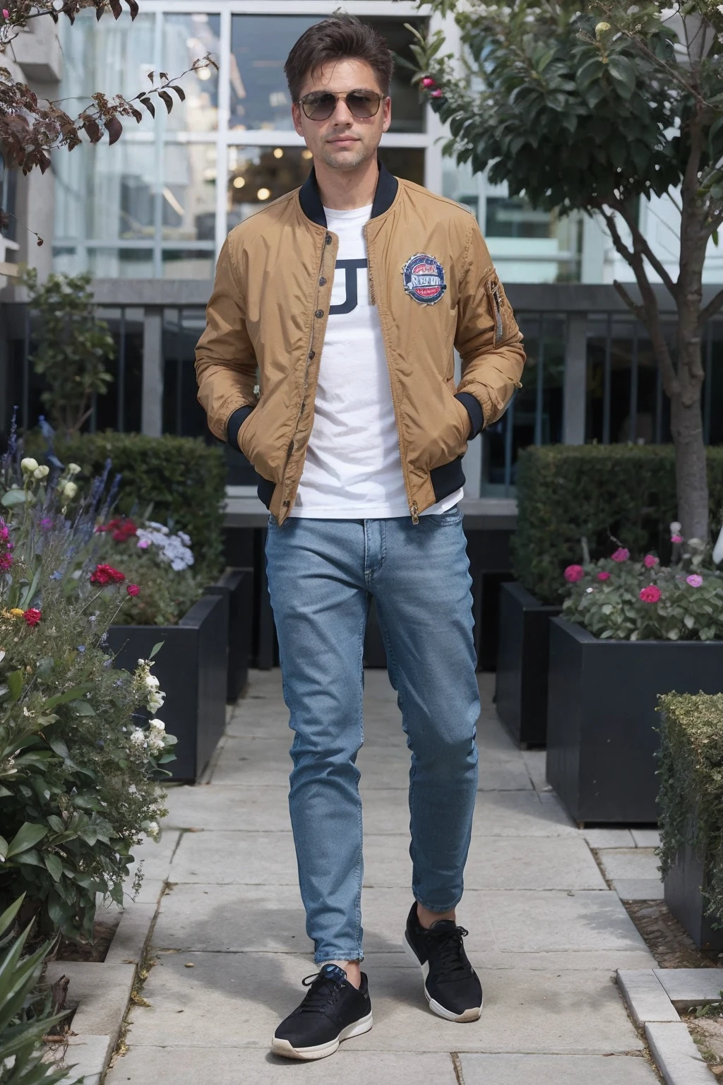 a man wearing Bomber jacket and skinny jeans , garden <lora:fic-Ivon4:1>