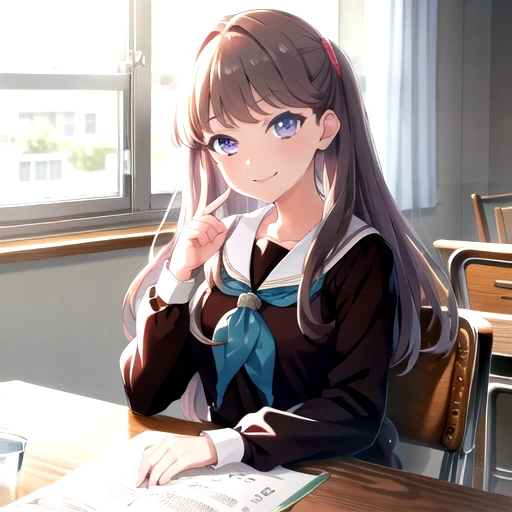 <lora:MegumiFujishima-09:0.7>, best quality, highres, LLMegumi, looking at viewer, smile, shirt, long sleeves, holding, sitting, closed mouth, school uniform, upper body, flower, serafuku, indoors, sailor collar, neckerchief, window, pov, chair, curtains, white sailor collar, vase