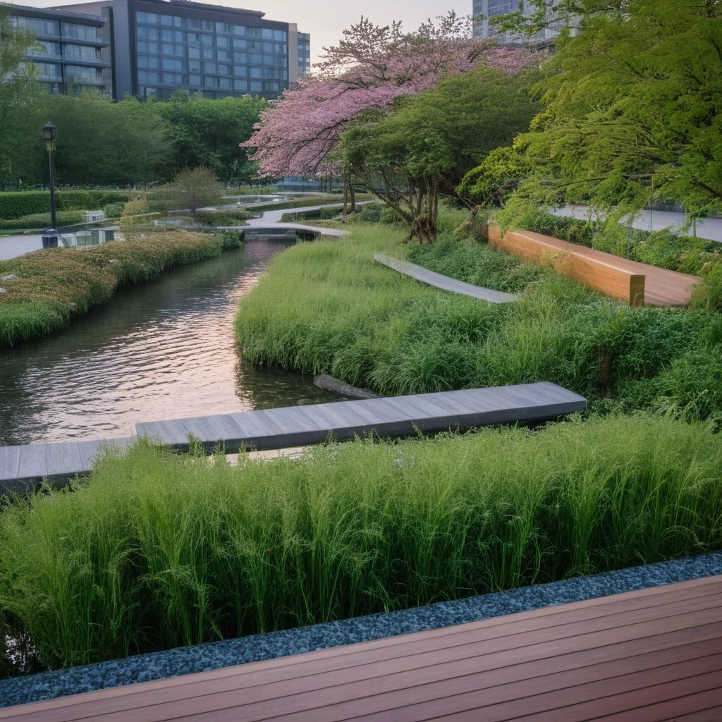 <lora:JJsEcology_Park_XL:1>, ((Ecology Park)),masterpiece , best quality, Landscape, scenery, outdoors, building, tree, sky, real world location, grass, bush, flower, city, water, lawn, sidewalk, ivy, bench,sakura, dawn, rain,pond,day, column, beam, RAW photo, subject, 8k uhd, dslr, soft lighting, high quality, film grain, Fujifilm XT3, aquatic plants, wood hand rail, soil, wild grass,  river, rock,pebble, fish under water,