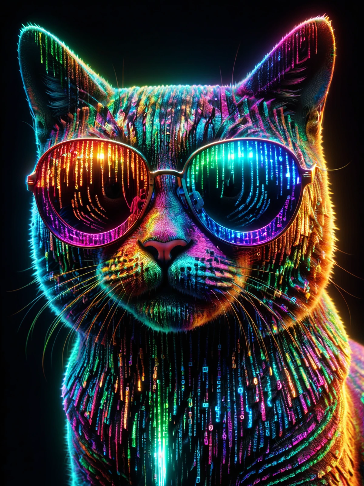 grinning cat with glowing colorful mad-mtrx sunglasses<lora:Colorful_Matrix_SDXL:1.0>, (masterpiece:1.2), best quality, (hyperdetailed, highest detailed:1.2), high resolution textures