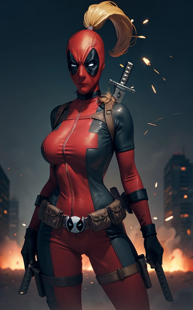 masterpiece, best quality, highres, contrapposto,
BodySuit_lady_deadpool_ownwaifu,
1girl, mask, blonde hair, ponytail, long hair, large breasts, no pupils, 
bodysuit, skin tight, superhero, belt pouch, utility belt, red bodysuit, gloves, weapon on back, thigh pouch, thigh strap, thigh holster, belt buckle, turtleneck, 
<lora:MARVEL_lady_deadpool_ownwaifu:1> ,
light particles, depth_of_field, scenery, night, aerial fireworks, solo, cowboy shot, looking at viewer,
