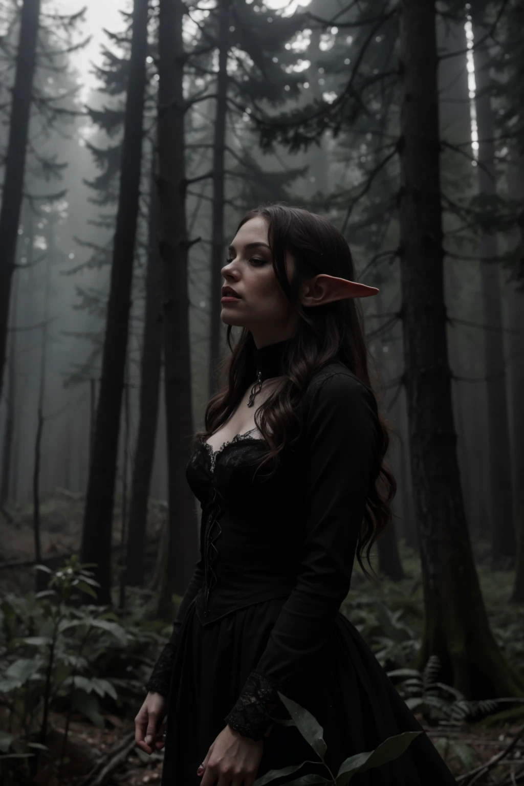 female elf mage at night in the forest, atmospheric, cinematic, high detail, masterpiece , gothic <lora:G0thG1rl_sd15_style:0.6> g0thg1rl