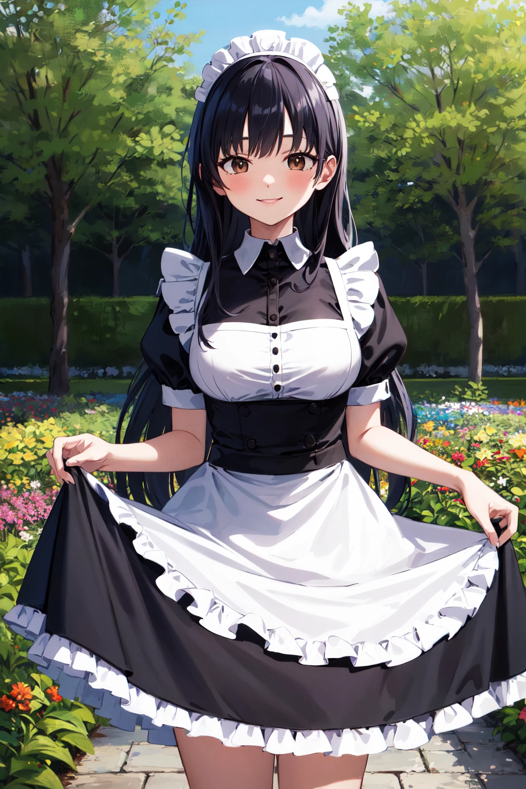 masterpiece, best quality, highres, aaanna, long hair, brown eyes, <lora:yamada_anna_v1:0.7>, maid, maid headdress, garden, smile, outdoors, skirt hold