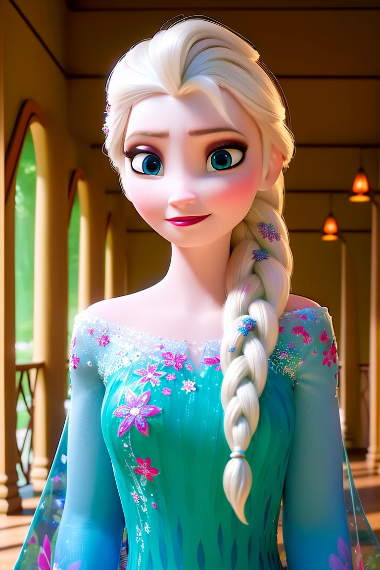 elsa \(frozen\) in the corridor of the library, looking at viewer,smirking,Elsa's Floral Dress,upper body,braid, worm light,<lora:Frozen_elsa_V1_9clothes:1>,upper body, incredibly absurdres,ultra-detailed, wallpaper,realistic,photorealistic,raw photo,masterpiece,best quality,