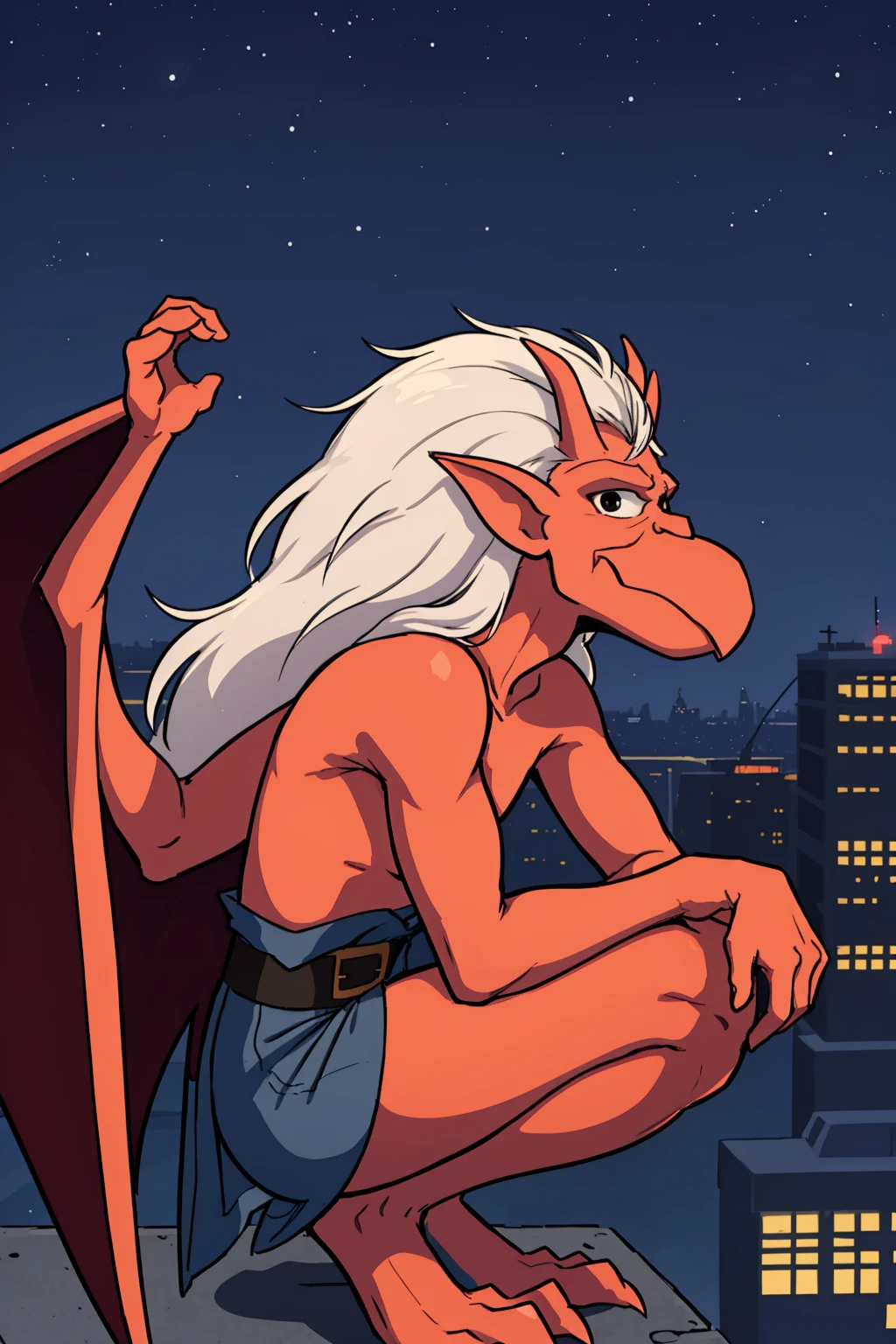 masterpiece, best quality,
1boy, brooklyn, white hair, long hair, black eyes, red skin, belt, gargoyle, loincloth, wings, pointy ears, horns, 
view from side, profile, squatting on top of a building, solo, looking at viewer, night, night sky, city background <lora:Brooklyn:1>