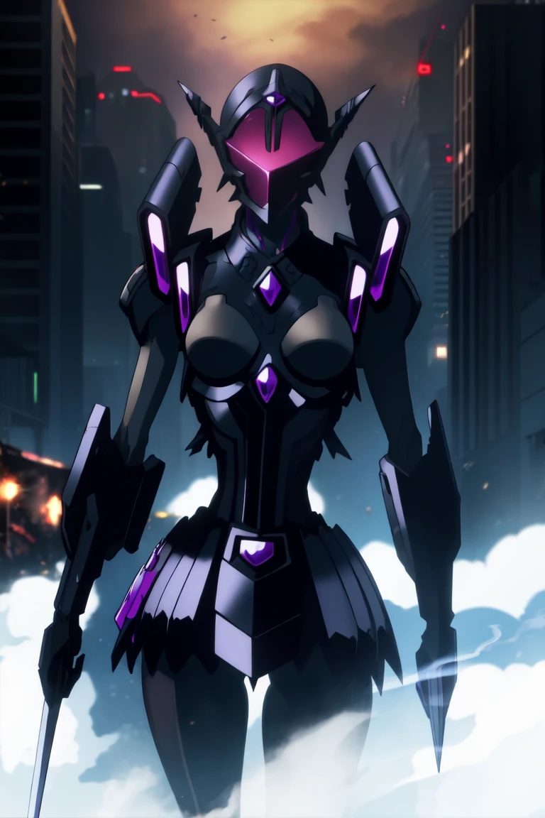 masterpiece, best quality, absurdres, <lora:kuro_no_o:0.8> Kuro no Å, no face, no humans, sword, armor BREAK warfare, war, smoke, (cyberpunk:1.2), (Deep Depth Of Field), (perfect anatomy), cowboy shot, [Cinematic lighting|Volumetric Lighting], looking at viewer