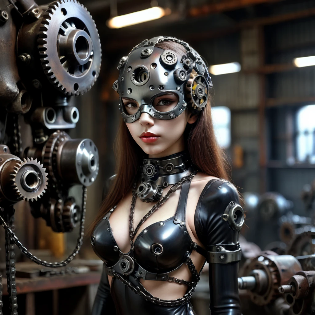 mechanarion chain gears ornaments girl mask full body in mechanical workshop, darkness, cinematic, professional photo<lora:mechanarion:1>