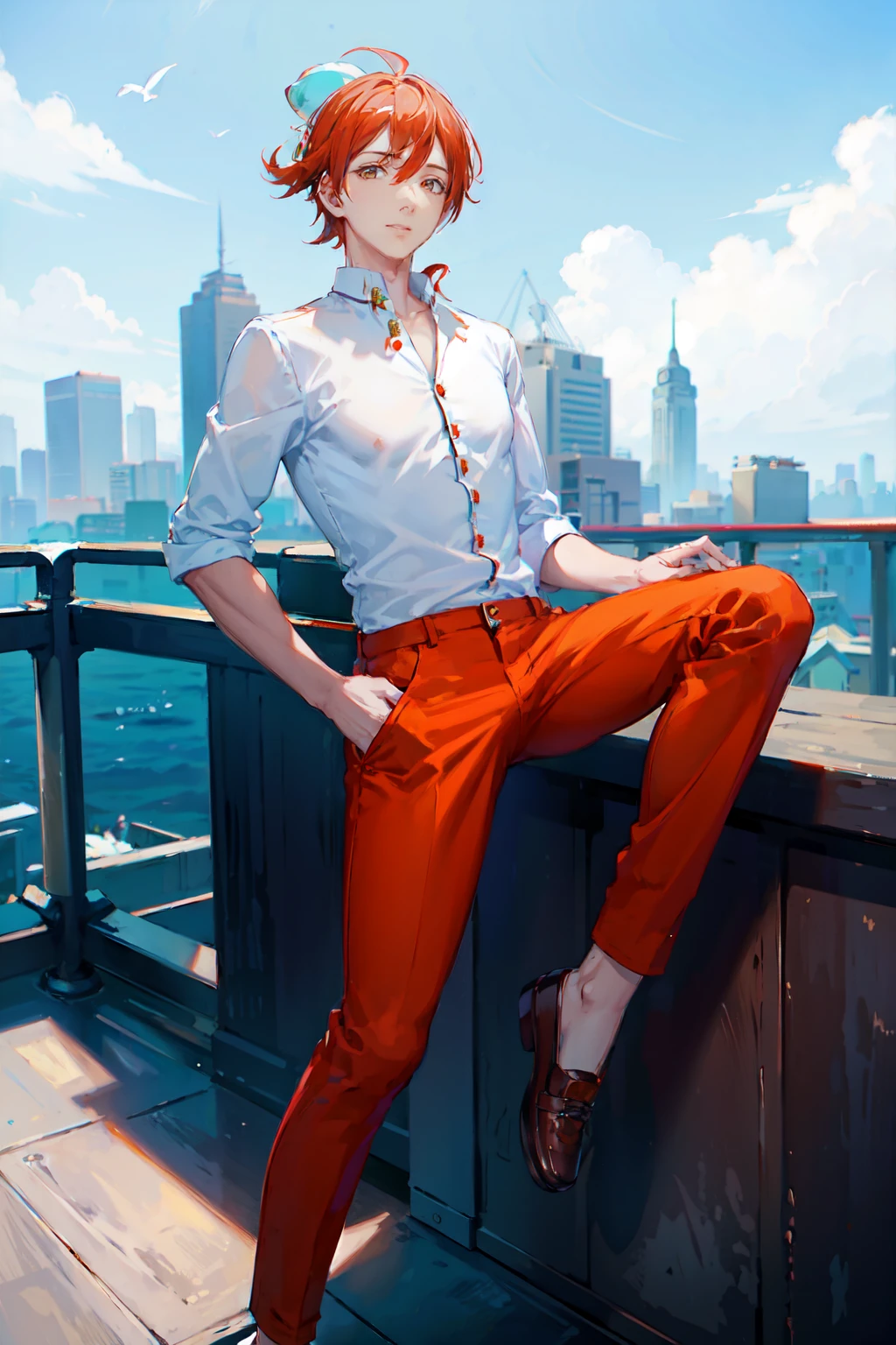 a man wearing Mandarin collar shirt and tapered chinos , rooftop <lora:fic-Jack:1>