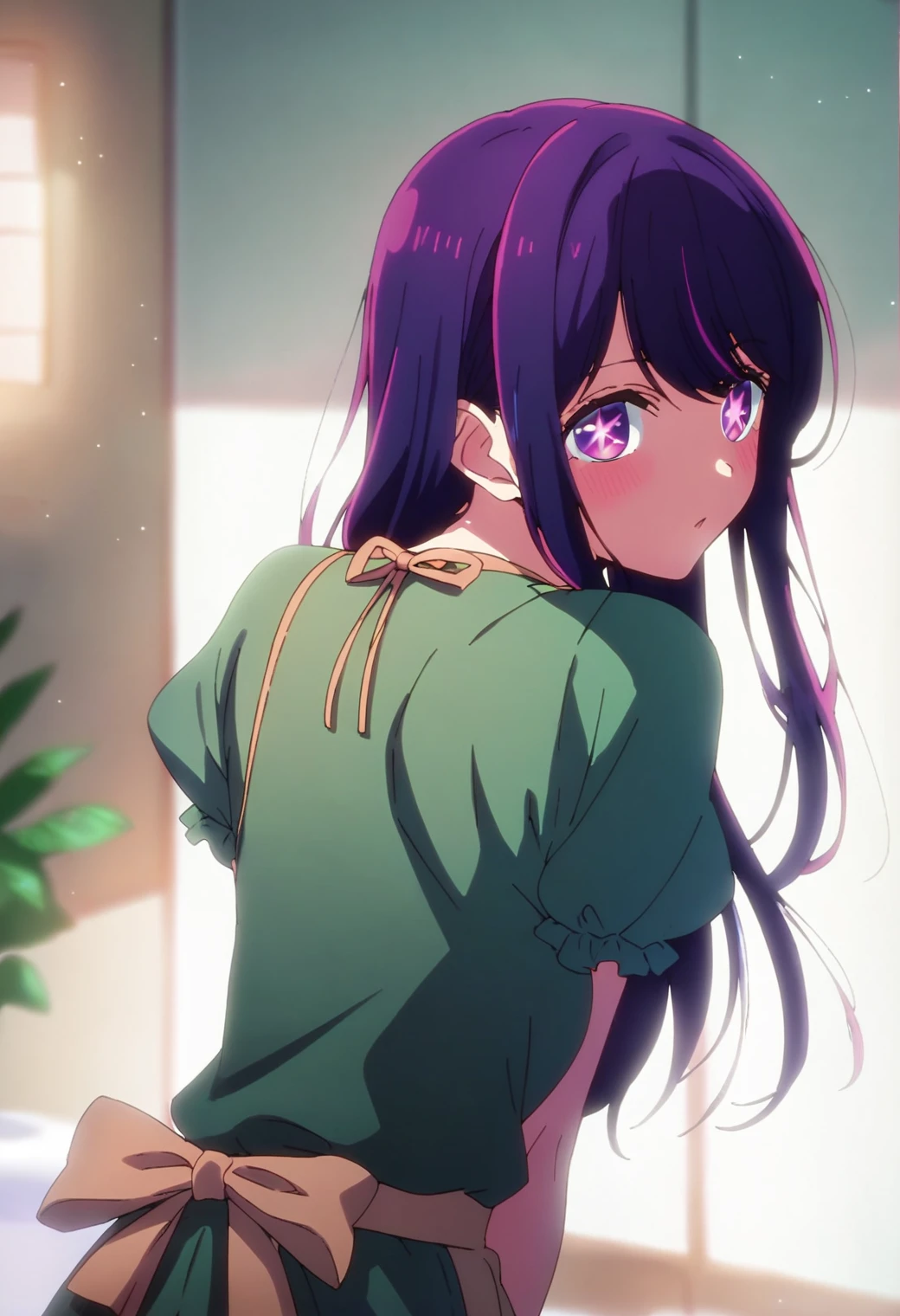 1girl, hoshinoai, solo, <lora:hoshinoai_ponyxl:0.9>, purple hair, purple eyes, long hair, star-shaped pupils, BREAK
green shirt, apron, BREAK
from behind, looking back, BREAK
score_9, score_8_up, score_7_up, score_6_up, anime,
(high quality, detailed, beautiful), shiny, detailed beautiful eyes, outstanding, countershading, detailed soft lighting