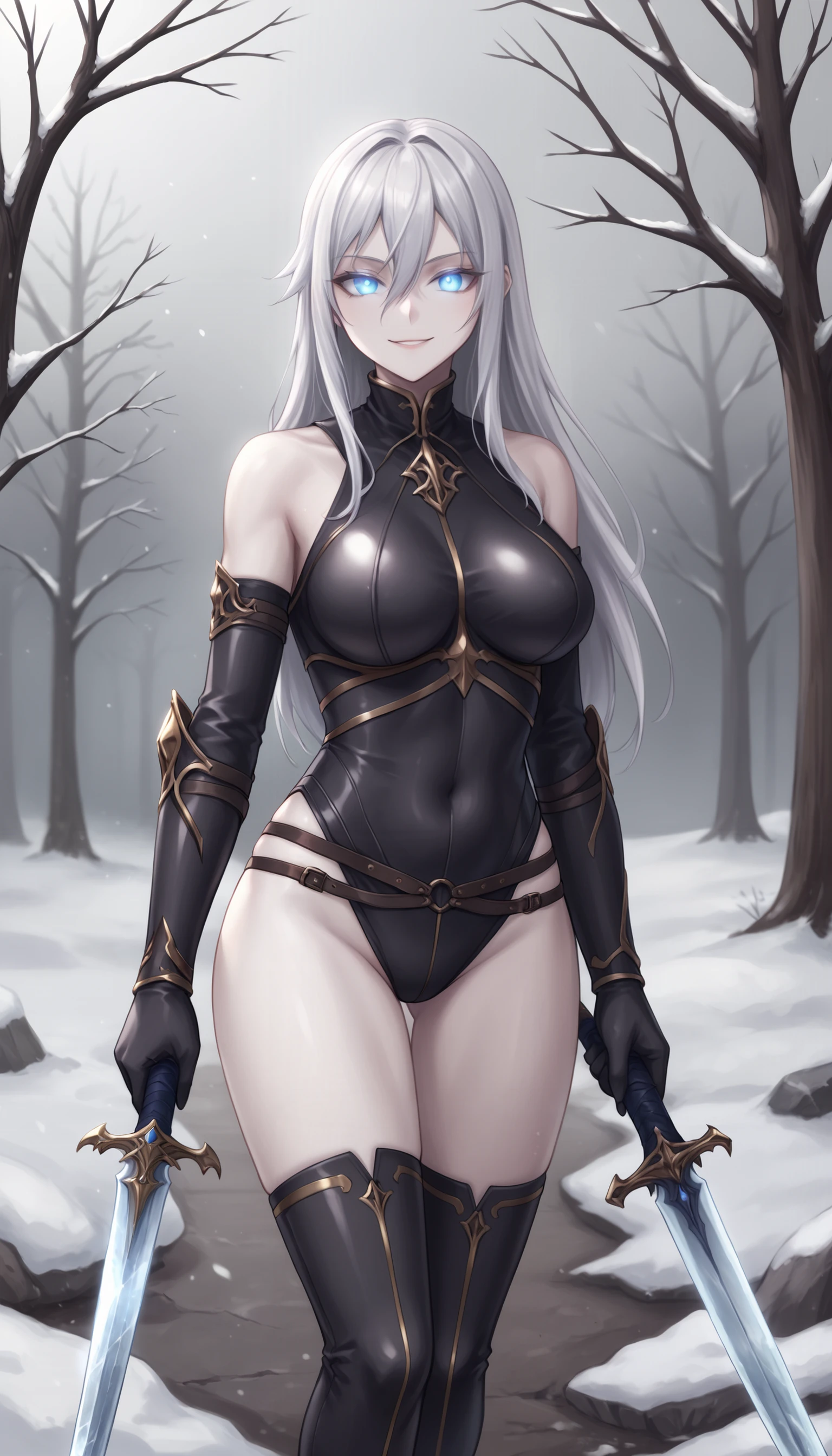 score_9, score_8_up, score_7_up, source_anime, solo, cowboy shot, HKStyle BREAK
(vl4dil3n4:1.1), corrupted, (pale skin:1.1), lich, white hair, hair between eyes, blue eyes, glowing eyes, undead, latex boots, black gloves, latex armor, dark armor, bare shoulders, standing, holding ice sword, cruel smile, fallen to evil, (large breasts, thighs:0.8), BREAK
winter, snow, tree, graveyard <lora:vl4dil3n4-ponyxl-1-000009:0.8> <lora:HKStyle:0.8>