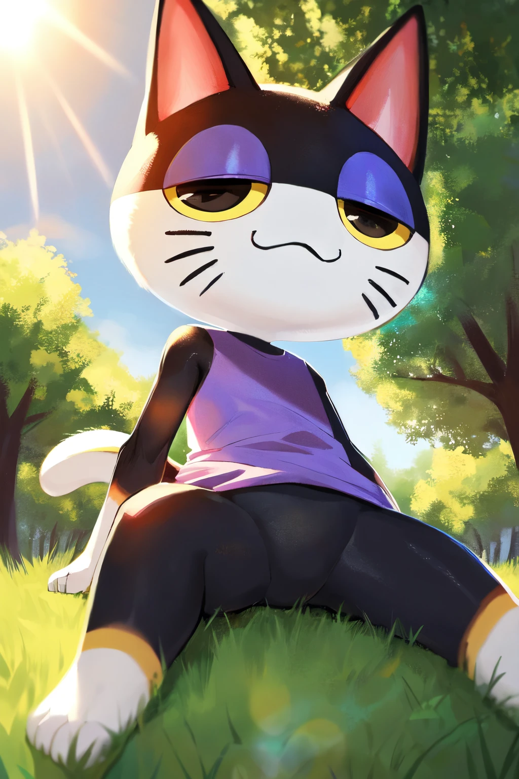 masterpiece, high quality, absurd res, by xeono, punchy, 1boy, furry male, cat boy, full body, sitting on floor, (wide shot:1.5), half-closed eyes, :3, black fur, white fur, two tone fur, cat ears, black eyes, yellow sclera, colored sclera, whiskers, no nose, tail, fruit, purple shirt, sleeveless, detailed background, forest, tree, foilage, plant, grass, sun, sunrays, cloud, (8k hd, hdr:1.1) <lora:punchyAC:1>