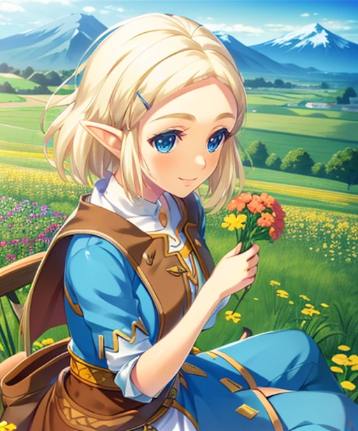 portrait, (adult woman), sitting, picking flowers, (1girl, solo), smile, (blonde hair), ((field, rolling hills)), (distant mountains), ((best quality, high detail)), ((masterpiece)), <lora:zelda_shorthair_v5:0.4> zelda\(princess\), hairclip, cape, <lora:1_Sankuro_20e:1>