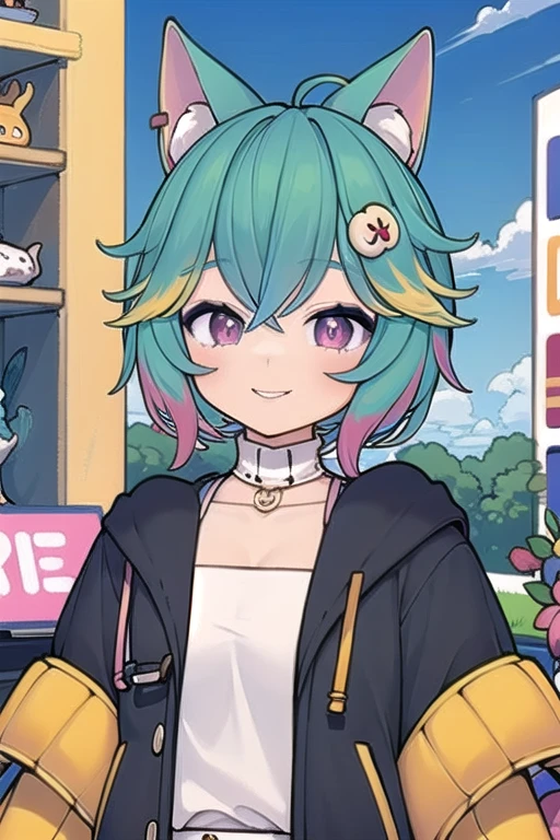 1girl, animal ears, solo, outdoors, sweater, purple eyes, long sleeves, bangs, overalls, purple nails, animal ear fluff, virtual youtuber, looking at viewer, hair ornament, pink sweater, hair between eyes, sleeves past wrists, nail polish, parted lips, turtleneck sweater, jacket, smile, fox shadow puppet, white hair, fox ears, white sweater, puffy sleeves, turtleneck, rosedoodle_v4