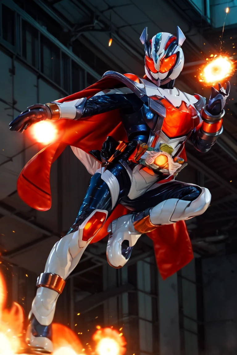 majade, solo, 1girl, mature female, perfect female body, large breasts, narrow waist,wide hip, gloves, female focus,skin tight bodysuit,blue bodysuit, helmet, glowing eyes, orange eyes,orange hair,boots, cape,tokusatsu, kamen rider,rider belt,alchemisdriver, unicorn,horns, white armor, orange breastplate, white ring,pelvic curtain,full body shot,cape,(rider kick),casting magic,telekinesis, ((floating objects)), hdr,bokeh,depth of field,night,explosions,more explosions,<lora:RiderKick:0.6> <lora:majade:0.8>