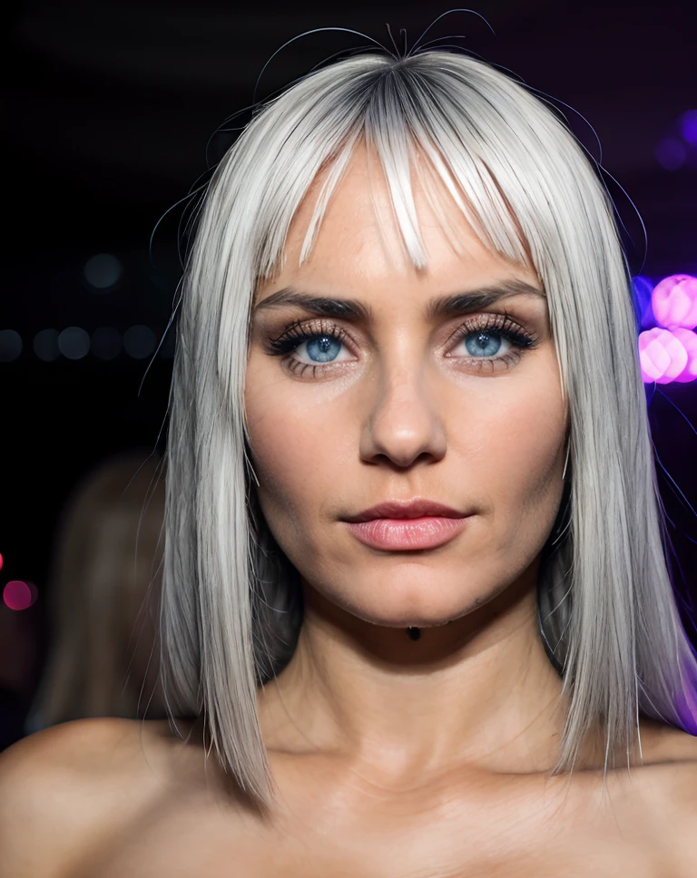 , realistic, stripe hair,  <lora:quiron_Magdalena_v4_Lycoris:0.97> MagdalenaQuiron,intricate detailed,  flash photography,   amazing photo of a pretty woman,   at crowded nightclub party, blurred background,, skin pores, perfect iris,  perfect eyes,  serious, portrait, linkedin, grey background,