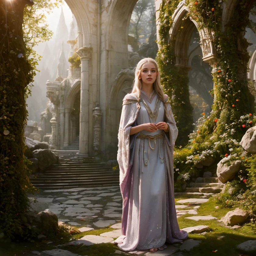(masterpiece:1.2), (best quality,:1.2), 8k, HDR, ultra detailed, ((photorealistic)), perfect anatomy, professional light, cinematic lighting, fashion photography, ambient lighting, <lora:detail_slider_v4:2.5>, a female elven sorceress, wearing intricate robes, cloak, standing in the foreground in a fantasy elven city, white stone buildings, highelf, <lora:HighElf-10:0.6>, in the style of Tolkien, Middle Earth, Rivendell, epiCPhoto