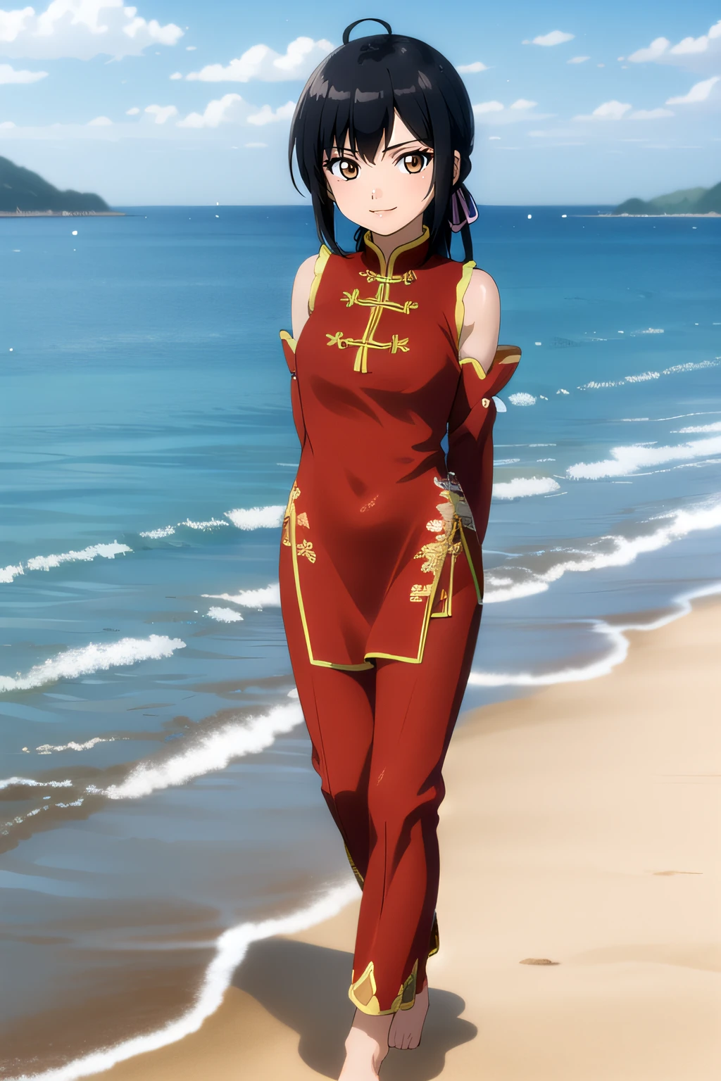 (masterpiece:1.2), best quality, high resolution, unity 8k wallpaper, (illustration), extremely detailed face, perfect lighting, extremely detailed CG, 1girl, solo, <lora:Chan_lee:0.6>, chanlee, black hair, (eyeshadow, makeup), brown eyes, bangs, chinese clothes, red dress, china dress, pants, pink ribbon, detached red sleeves, looking at viewer, [beautiful detailed eyes], standing, smile, barefeet, outdoor, ocean behind, walking on beach, full body, arms behind back