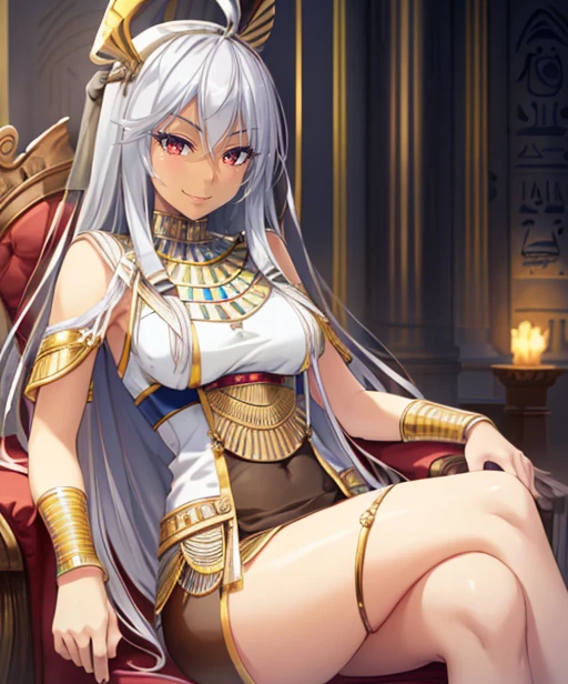 (adult woman), (1girl, solo), sitting on a throne, crossed legs, ((egyptian, pharaoh, dark skin)), (mischievous smirk, seductive smile), (silver hair), (red eyes), ((eqyptian temple)), ((best quality, high detail)), ((masterpiece)), <lora:1_k-ko_15e:1>