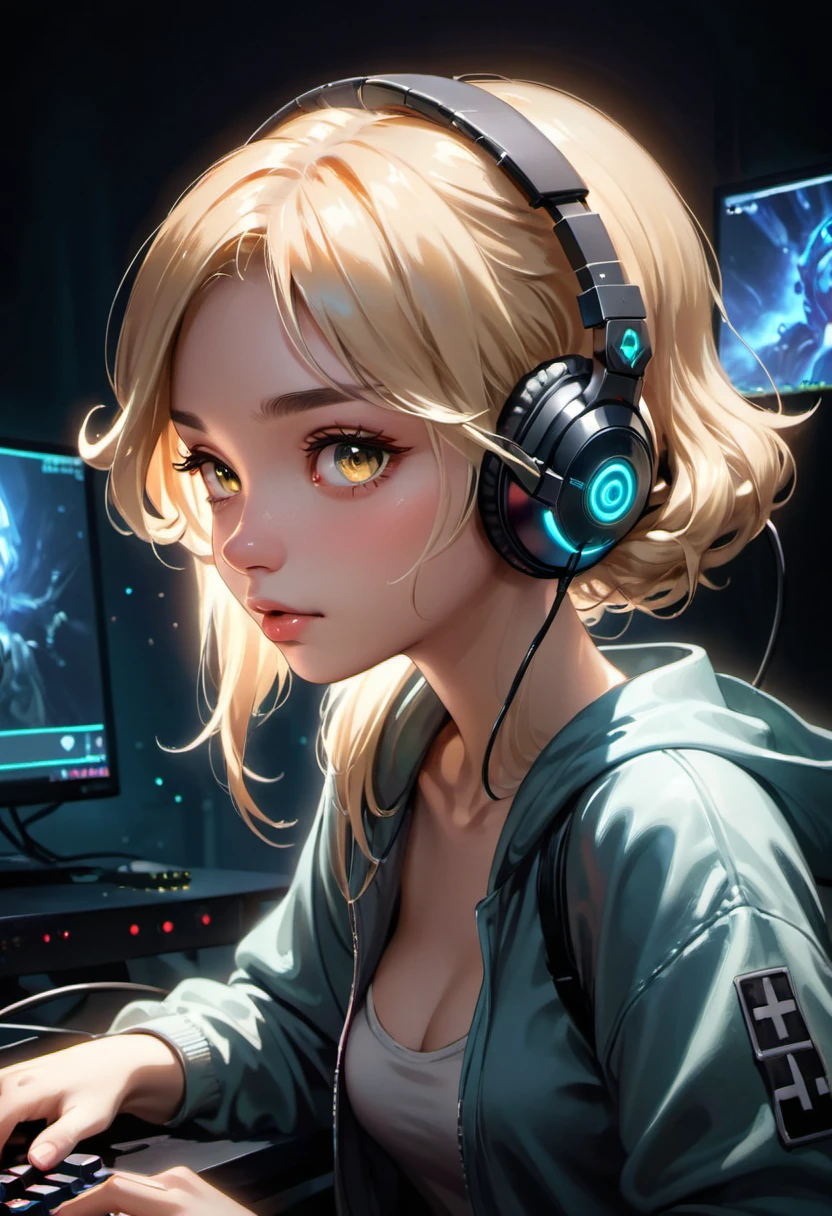 gorgeous gamer girl with blonde hair and dark eyes playing on her computer, portrait shot of her face lit up by the monitor, cute nose piercing, wearing gaming headset, dark atmosphere, dynamic lighting, ssci - fi and fantasy, intricate and very very beautiful, highly detailed, digital painting, artstation, concept art, smooth and sharp focus, illustration, art by tian zi and wlop and alphonse mucha