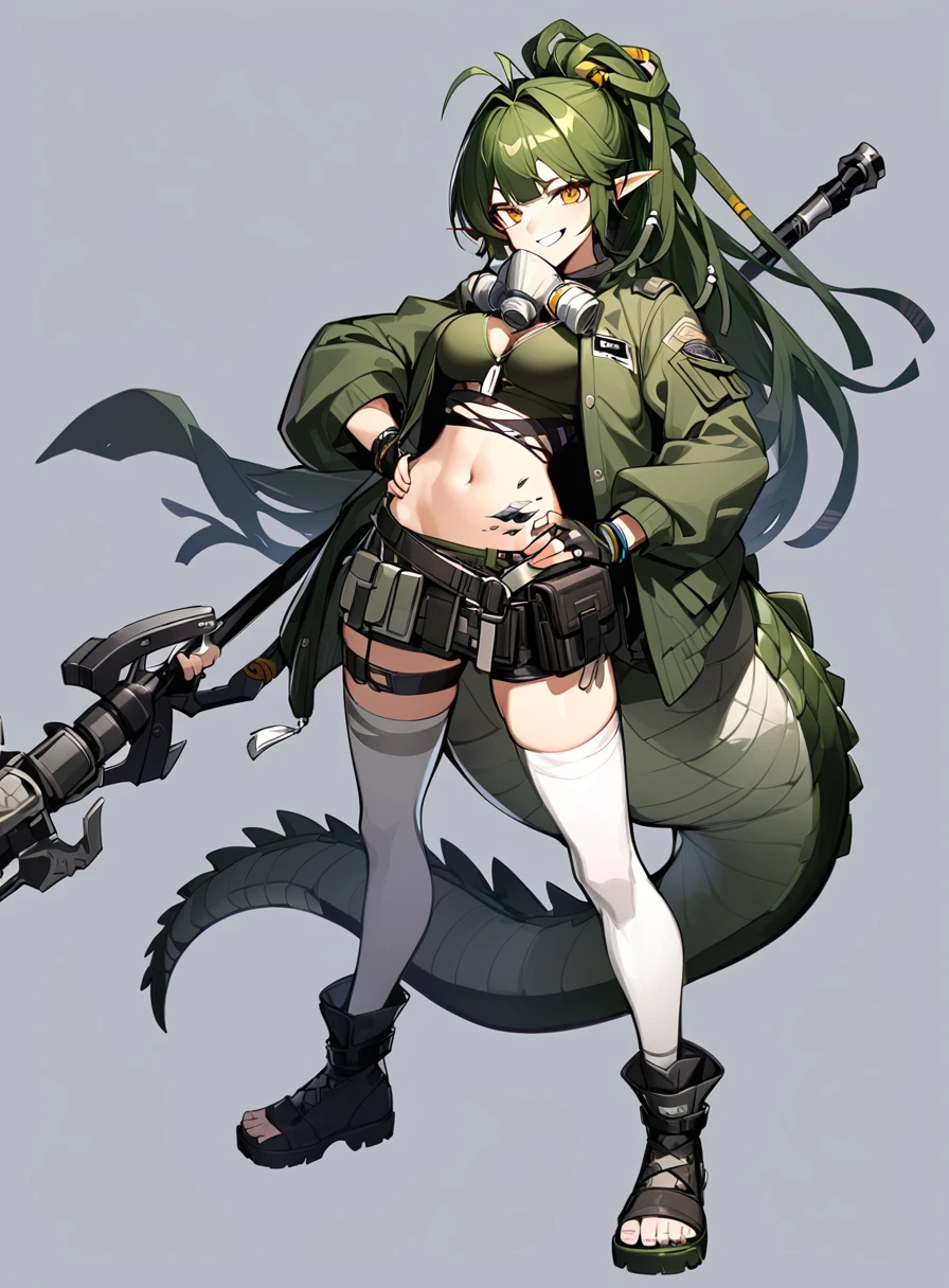 gavial,1girl,solo,long hair,breasts,looking at viewer,smile,bangs,simple background,shirt,thighhighs,gloves,navel,holding,hair between eyes,medium breasts,jacket,tail,full body,yellow eyes,weapon,boots,green hair,open clothes,shorts,pointy ears,black gloves,midriff,fingerless gloves,grey background,stomach,black footwear,holding weapon,grin,white thighhighs,crop top,hand on hip,black shirt,short shorts,thigh strap,black shorts,antenna hair,staff,pouch,green jacket,oripathy lesion (arknights),crocodilian tail,<lora:gavialsdxl-000003:0.8>,