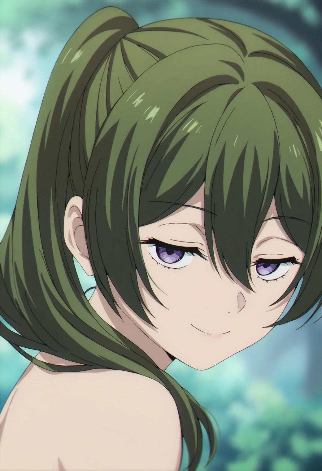 1girl, ubel, <lora:ubel_ponyxl_v1:0.9>, solo, green hair, side ponytail, purple eyes, half-closed eyes, BREAK
close-up, closed mouth, looking at viewer, smile, from behind, looking back, BREAK
green background, depth of field, blurry background, BREAK
score_9, score_8_up, score_7_up, score_6_up, anime,
(high quality, detailed, beautiful), shiny, detailed beautiful eyes, outstanding, countershading, detailed soft lighting