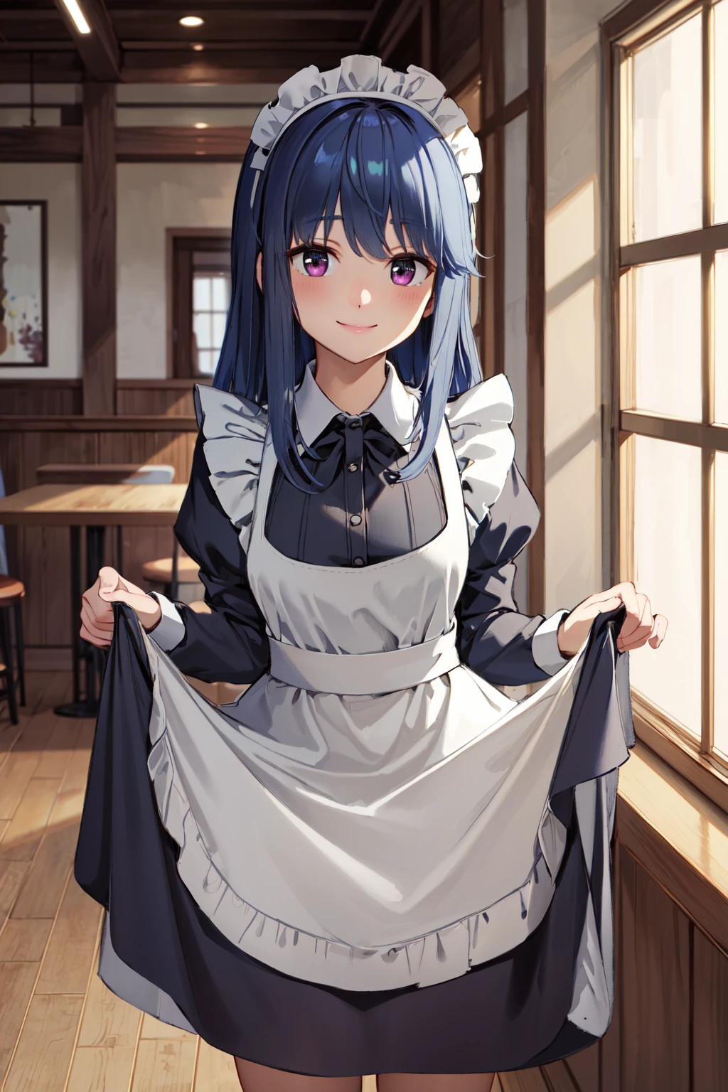 masterpiece,best quality,highres,ultra-detailed,shima rin,long hair,sidelocks,bangs,<lora:shima_rin:0.7>,indoors,cafe,maid,maid headdress,apron,(skirt hold:1.2),standing,cowboy shot,smile,