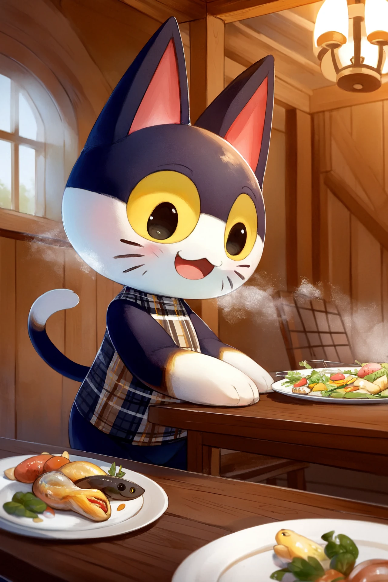 masterpiece, high quality, absurd res, by kekitopu, digital painting \(artwork\), punchy, 1boy, solo, furry male, cat boy, (detailed eyes:1.2), wide-eyed, :3, :d, open mouth, happy, shocked, leaning forward, (looking down:1.3), upper body, plaid shirt, sleeveless, sitting at table, happy, black fur, white fur, two tone fur, arms up, cat ears, cat tail, black eyes, yellow sclera, colored sclera, whiskers, no nose, detailed background, indoors, dining room, chandelier, food, massive feast, plate, fish, chicken, (steam:1.1), (colorful, wide dynamic range, 8k hd, hdr:1.1) <lora:punchyAC:1>