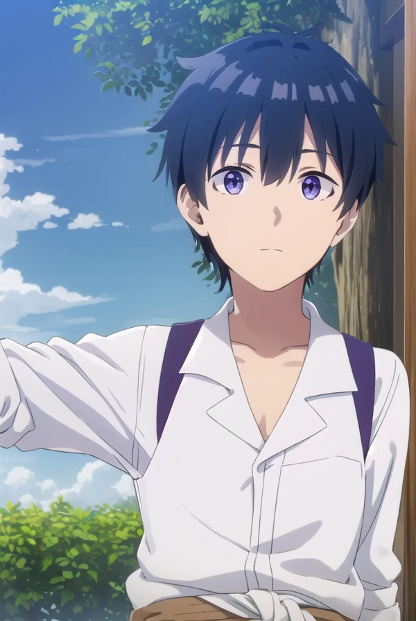 hirakumachio, <lora:hiraku machio s1-lora-nochekaiser:1>,
hiraku machio, black hair, hair between eyes, blue hair, (purple eyes:1.1), male focus,
BREAK shirt, white shirt, belt, vest, sleeves rolled up,
BREAK outdoors, farm, crops, plants, trees, grass, sun, sky, clouds,
BREAK looking at viewer, (cowboy shot:1.5)
BREAK <lyco:GoodHands-beta2:1>, (masterpiece:1.2), best quality, high resolution, unity 8k wallpaper, (illustration:0.8), (beautiful detailed eyes:1.6), extremely detailed face, perfect lighting, extremely detailed CG, (perfect hands, perfect anatomy),