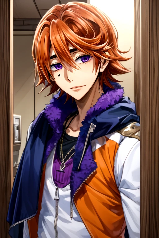 (best quality:1.1), (masterpiece:1.4), , looking at viewer, upper body, , , , 1boy, solo, male focus, <lora:takuto_ashikiba:0.74>, takuto_ashikiba, orange hair, purple eyes, , halloween costume, hen house,