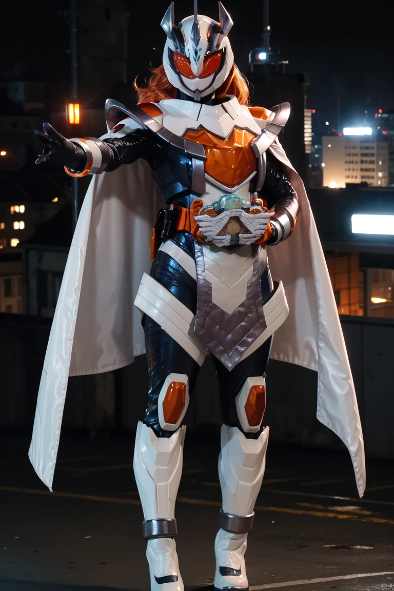 majade, solo, 1girl, mature female, perfect female body,large breasts, narrow waist,wide hip,gloves, female focus,skin tight bodysuit,blue bodysuit, helmet, orange eyes,orange hair, long hair,boots, cape,tokusatsu, kamen rider,rider belt,horns,white armor, orange breastplate,unicorn,ring,pelvic curtain,full body shot,cape,standing,dynamic pose, on rooftop,city background, hdr,bokeh,depth of field,night, <lora:majade:0.7>