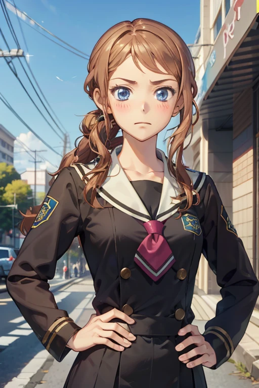 corda nami-1, school uniform, blue eyes, brown hair,1girl, solo, blush, hands on hips, angry, upper body