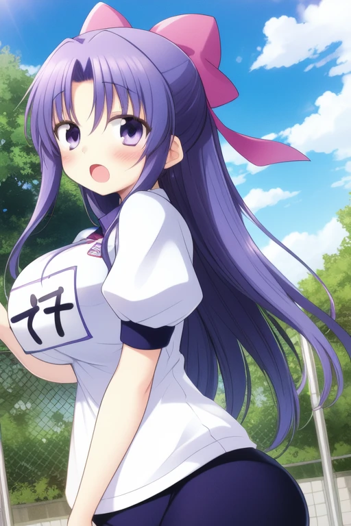 <lora:Yukino:0.8>, Yukino, 1girl, soro, long_hair, purple_eyes, purple_hair, blue_hair, hair_ribbon, hair_bow, blush, huge_breasts
buruma, blush, gym uniform, open mouth, name tag, outdoor, sky,
masterpiece, high quality, very_high_resolution, large_filesize, full color,