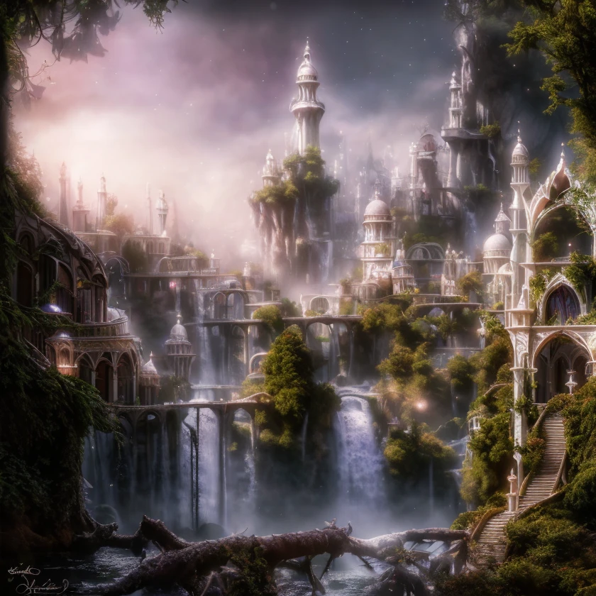 (masterpiece:1.2), (best quality,:1.2), 8k, HDR, ultra detailed, ((photorealistic)), professional light, cinematic lighting, fashion photography, ambient lighting, atmospheric effects, a highly detailed magical HighElf fantasy city, waterfall, forest, walls, <lora:HighElf-10:1>, epiCPhoto
