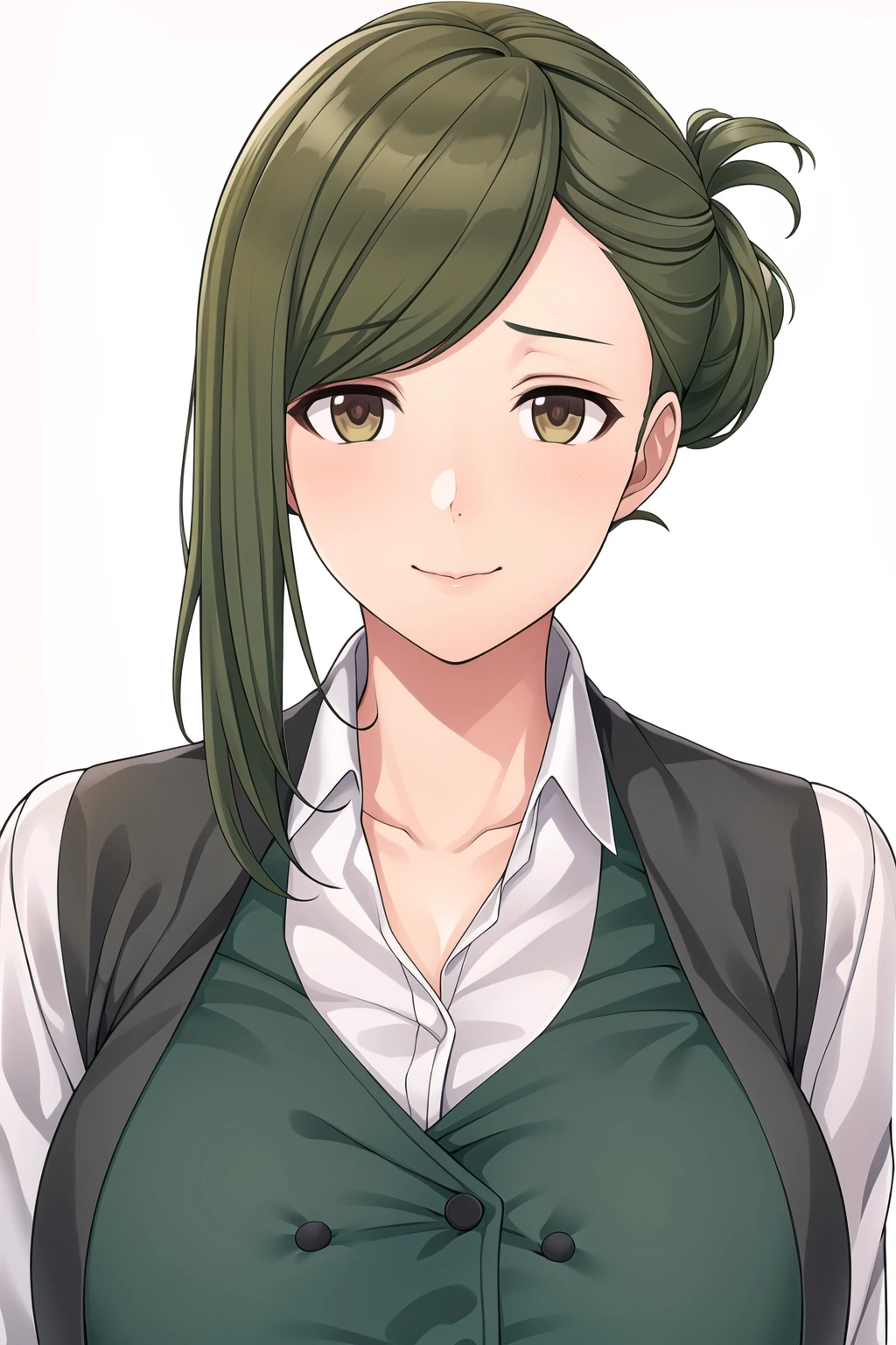 Simple Background,White Background,
Black jacket,long sleeves,green vest,
green skirt, pantyhose,
<lora:hazuki_nanakusa_IDOLMaSTER-KK77-V1:0.7>,
Brown eyes, Green hair,bangs,short hair,hair bun,
<lora:Oda_Non_Style-KK77-V2:0.3>,<lora:more_details:0.1>,
1 girl, 20yo,Young female,Beautiful long legs,Beautiful body,
Beautiful Nose,Beautiful character design, perfect eyes, perfect face,expressive eyes,perfect balance,
looking at viewer,(Focus on her face),closed mouth, (innocent_big_eyes:1.0),(Light_Smile:0.3),
official art,extremely detailed CG unity 8k wallpaper, perfect lighting,Colorful, Bright_Front_face_Lighting,White skin,
(masterpiece:1.0),(best_quality:1.0), ultra high res,4K,ultra-detailed,
photography, 8K, HDR, highres, absurdres:1.2, Kodak portra 400, film grain, blurry background, bokeh:1.2, lens flare, (vibrant_color:1.2),professional photograph,
(Beautiful,large_Breasts:1.4), (beautiful_face:1.5),(narrow_waist),