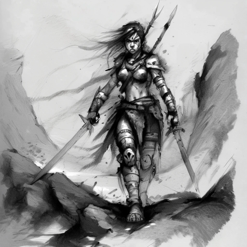 drawix8 a young warrior girl on the battlefield, in the background, a dark land of rocks, expressive, terror <lora:drawix8:1>
